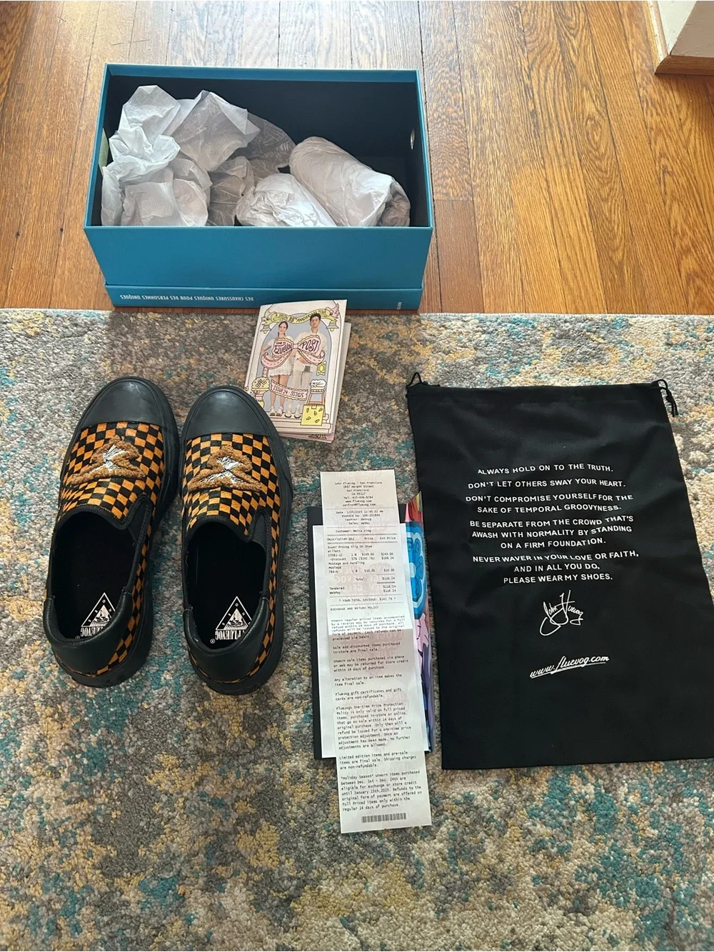 John Fluevog Black & Orange Checkerboard Slip-On Shoes Leather